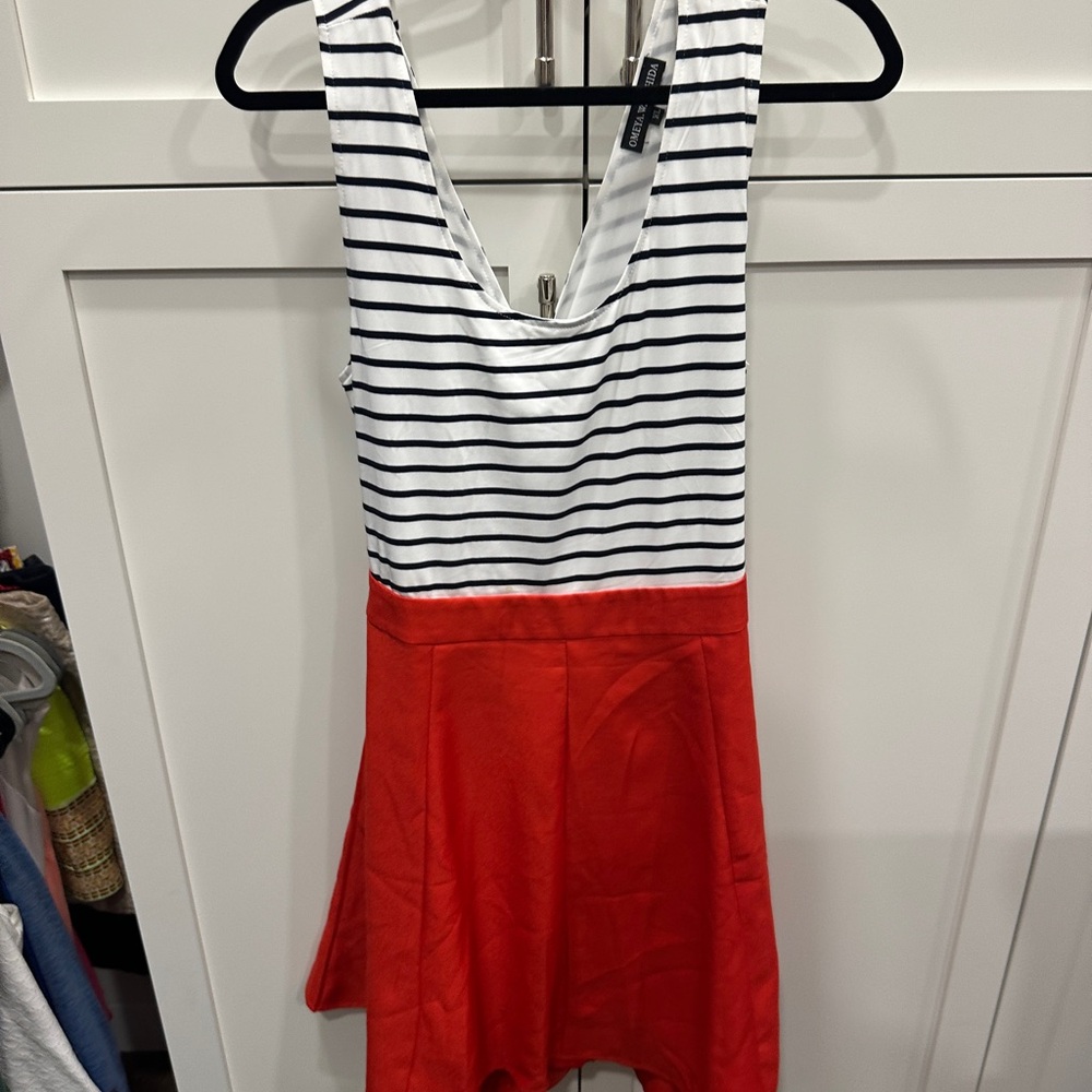 Boutique Striped Sleeveless Dress with Partially Open Back and Red Skirt - Picture 1 of 7